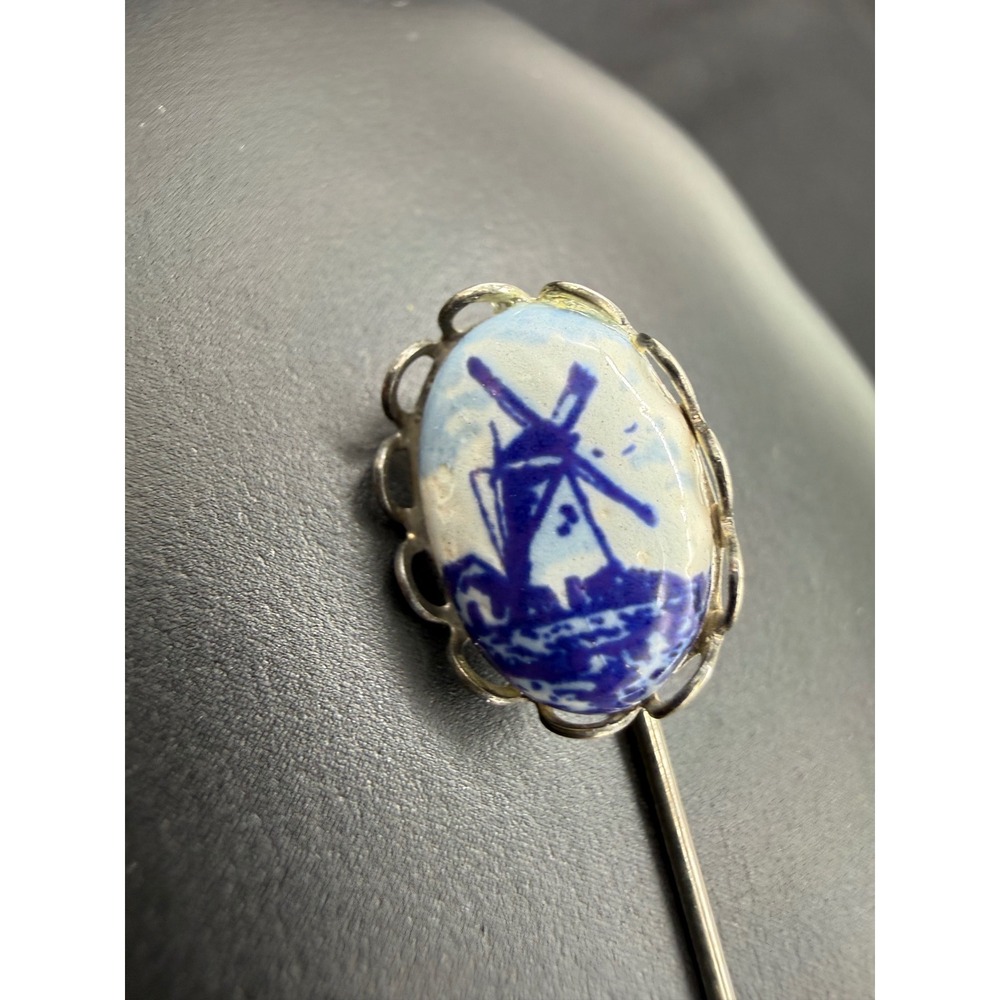 Vintage Delft Blue Ceramic Windmill Stick Pin Silver Tone Scalloped Bezel Gift